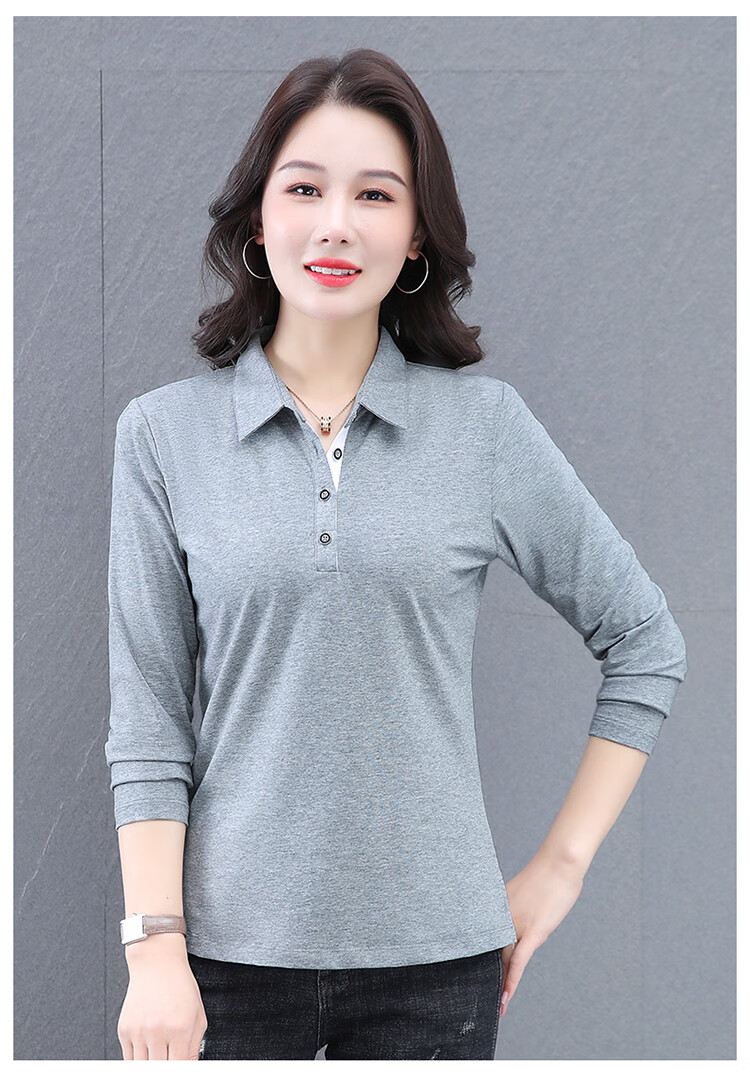Woodpecker Women's Long Sleeve Cotton Polo Shirt, Spring Autumn New, Middle-aged Plus Size Casual Top, Gray, L 12
