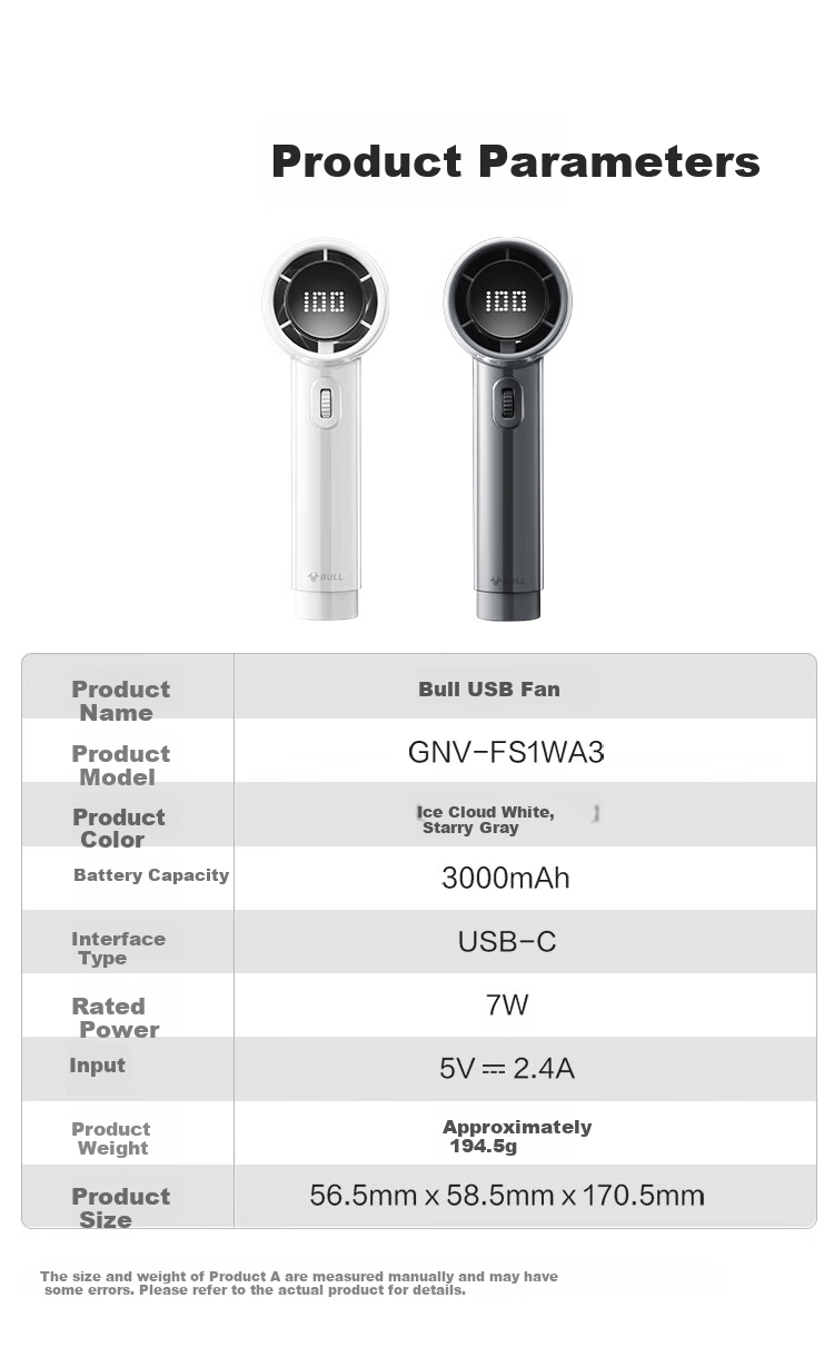 BULL Handheld Bladeless USB Fan [3C Certified Battery], 3000mAh, Stepless Wind Adjustment, Mini Portable Turbine Electric Fan, Rechargeable Small Air Gun, Starry Gray 5