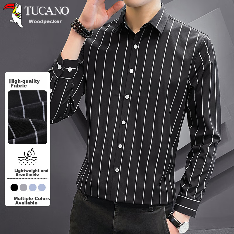 TUCANO Men's Shirt, Spring And Autumn Cotton Comfortable Lapel Long-Sleeve Shirt, Fashionable Striped Top, Men's Clothing, Black XL