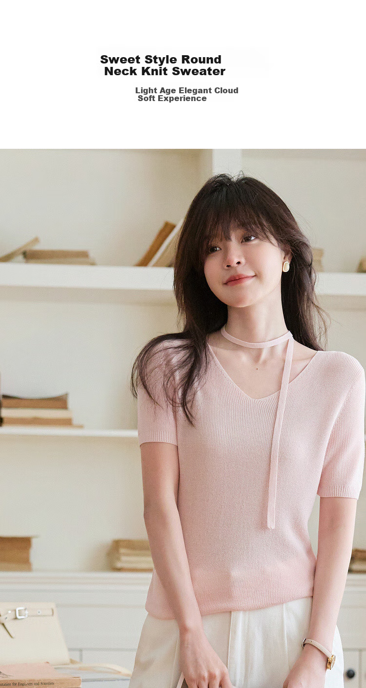 Mt [Zhi Zhi Fen Li] Summer Elegant Ribbon Round Neck Short-Sleeve Sweater, High Elasticity Comfortable Concealing Knit Top for Wome 2
