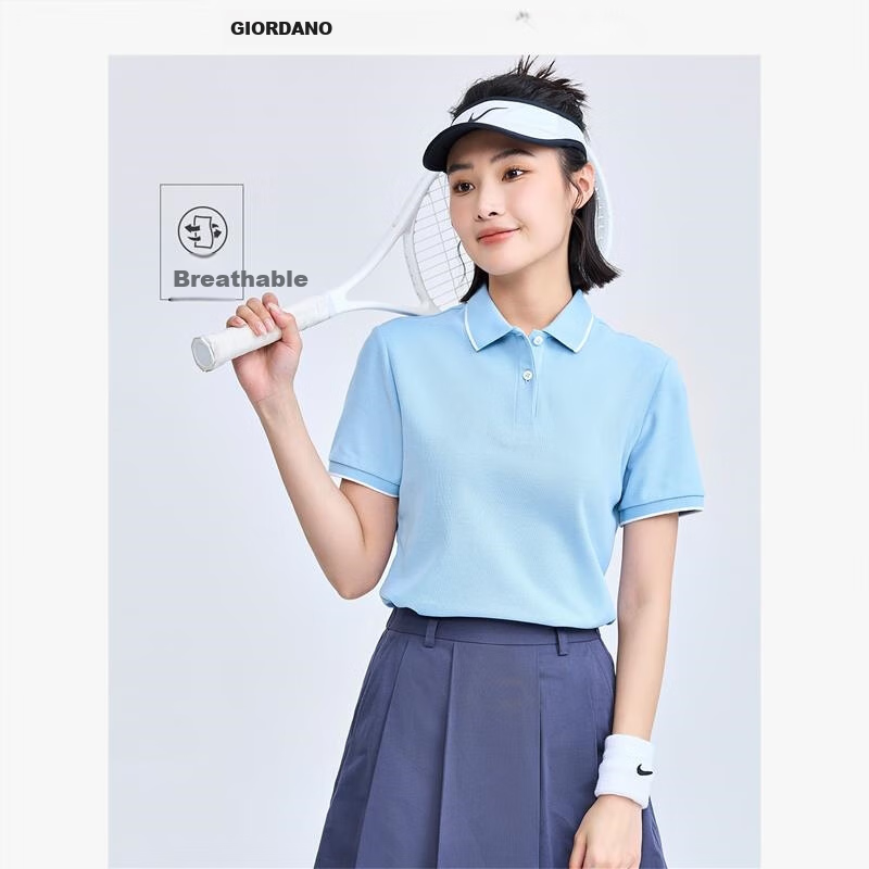 Женская летняя футболка поло Giordano, с отложным воротником, с коротким рукавом, из пике, приталенная