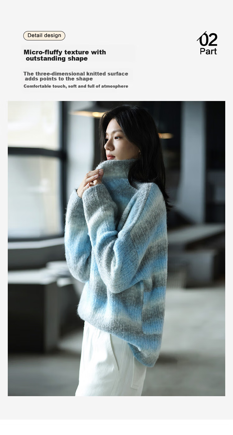 Dme [Sea Salt Layered Knit Sweater] Winter Style Artistic Healing Gray-Blue Gradient Soft Sweater for Women, Blue-Gray, S 7
