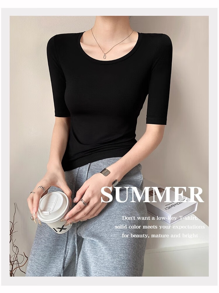 NOME White T-Shirt for Women, Mid-Sleeve Round Neck Summer Modal Undershirt Slim-Fit Solid Color Three-Quarter Sleeve Top Black L 1