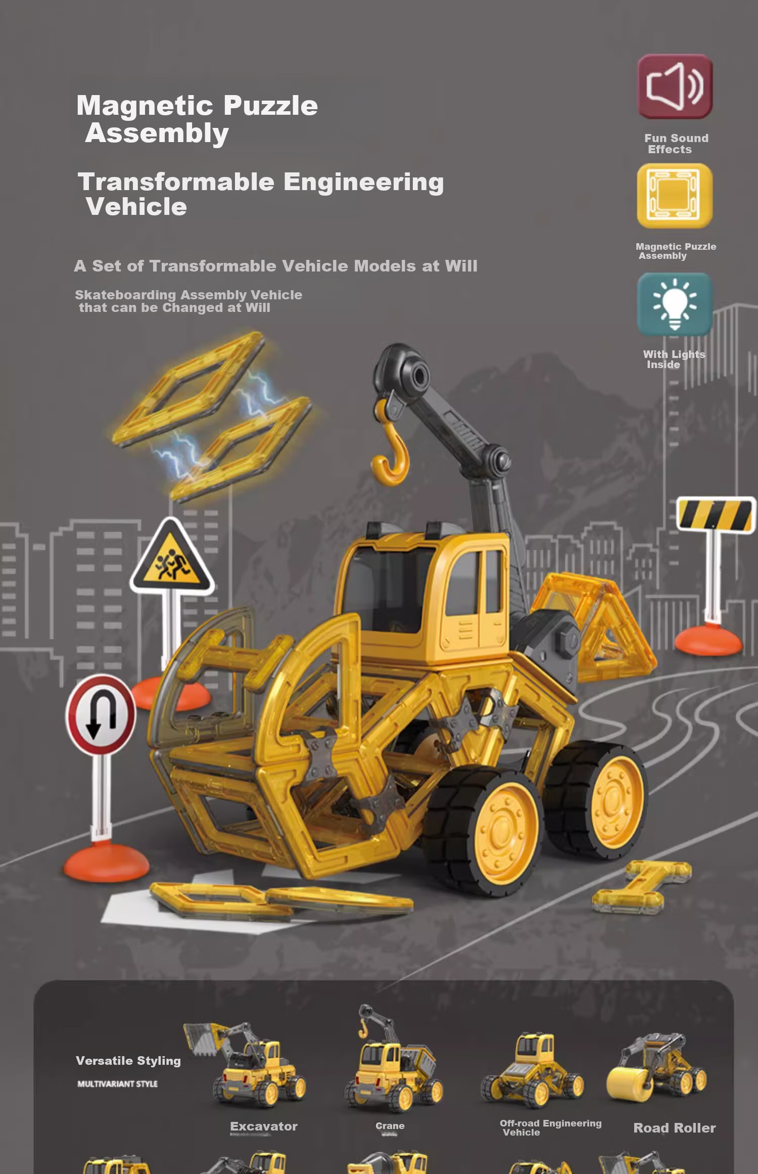 Mixiaoshu Magnetic Building Blocks Construction Vehicle, Transformable Excavator Toy for Boys And Girls, 3-6 Years Old Birthday Gift 2