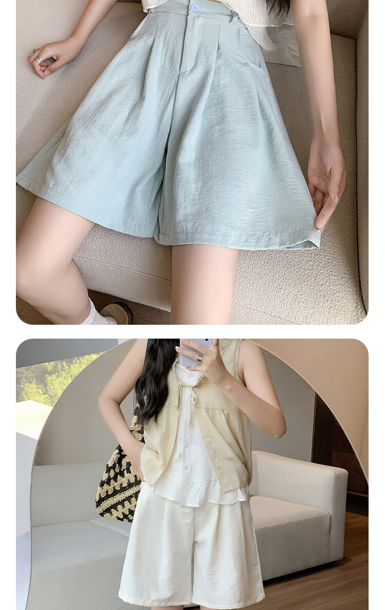 XUEXIMAN Puff Suit Shorts for Women, New Summer 2026 Style, Casual High-Waisted Draping Straight-Leg Slimming Wide-Leg Knee-Length Shorts 9