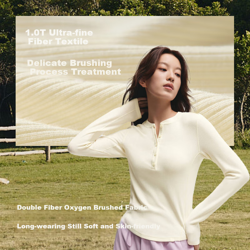 Женская лонгслив Beneunder SF027, стильная, с воротником-хенли, с длинным рукавом, бежевый, размер XL