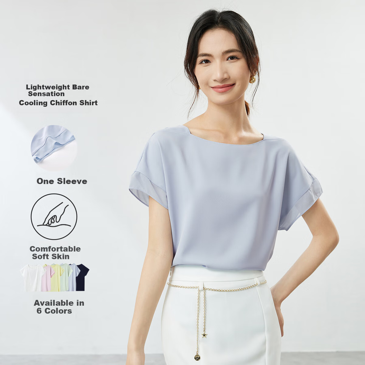 Sentubila Spliced Short-Sleeve Chiffon Blouse for Women, Slimming Tummy-Covering Top, Summer Lightweight Casual T-Shirt, Light Blue, S