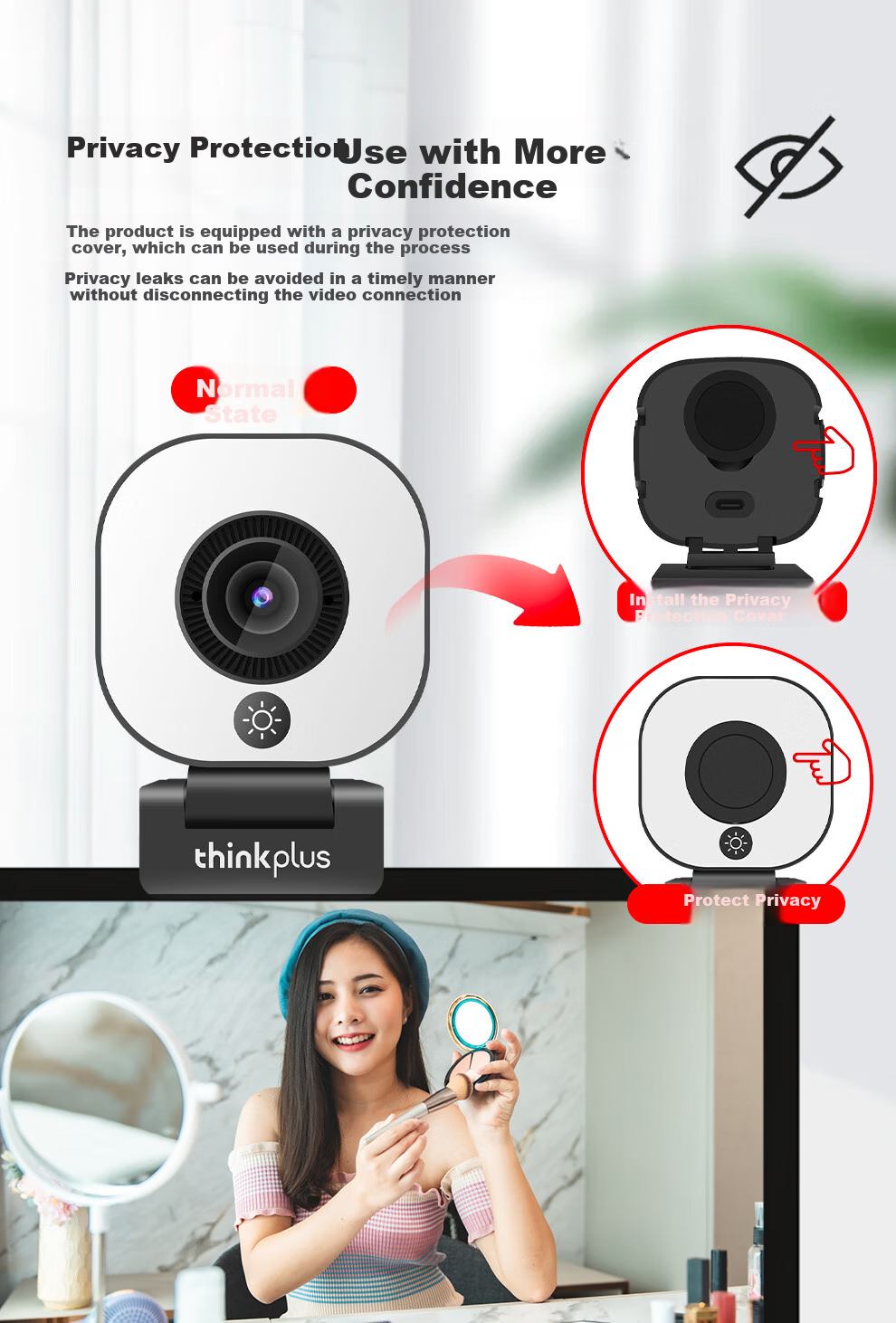 Lenovo ThinkPlus Computer Webcam, 4K HD Auto Focus, Dual Microphones, Plug-And Three-Level Soft Light Beauty Mode, Live Streaming, E-Commerce, Online Classes And Meetings Webcam WL58A 12