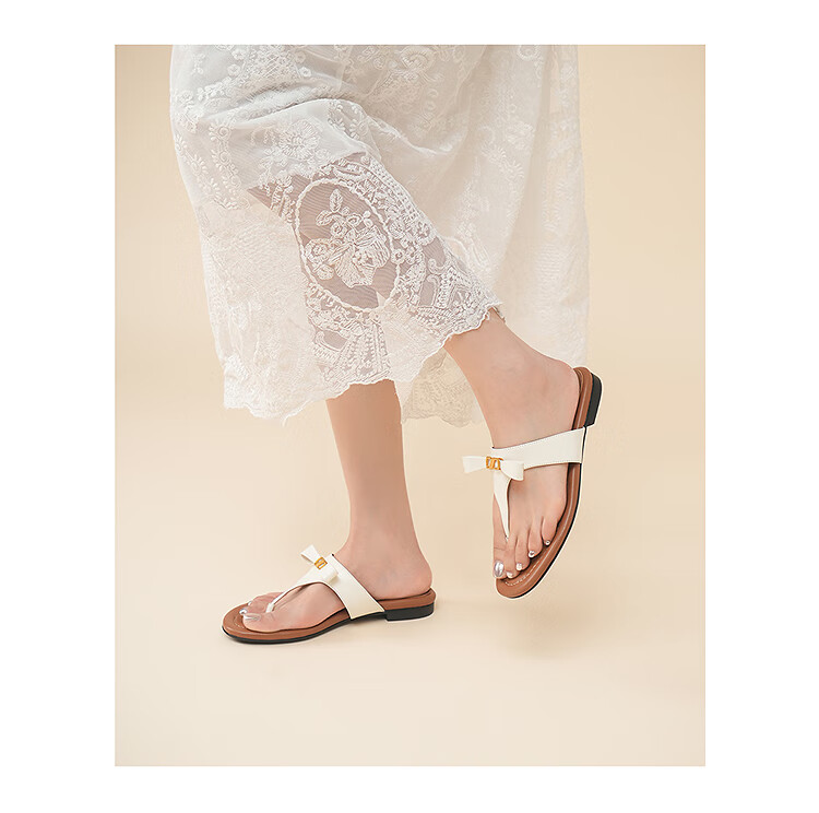 Le Saunda Fashion Genuine Leather Low Heel Outdoor Toe-Post Flip Flops 6M17901 Pear Blossom White OWL 38 2