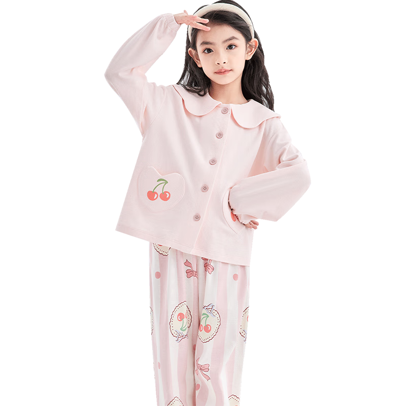 DEESHA Girls' A-Class Cotton Cardigan Pajama Set, 60S High-Count High-Density, Sweet Long Sleeve Homewear for Spring and Autumn