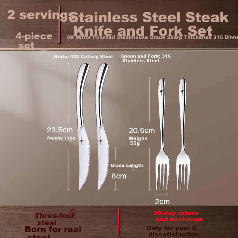 SSGP® 316 Stainless Steel Steak Knife And Fork Set, Western-Style Cutlery Set for Steak, 4-Piece Set W34218 5