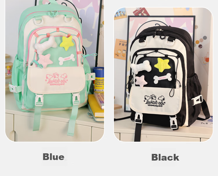 SNOOPY Painful Bag Ins Middle School High School Student Backpack for Girls, Cute Versatile Large Capacity Shoulder Bag Backpack Blue 21
