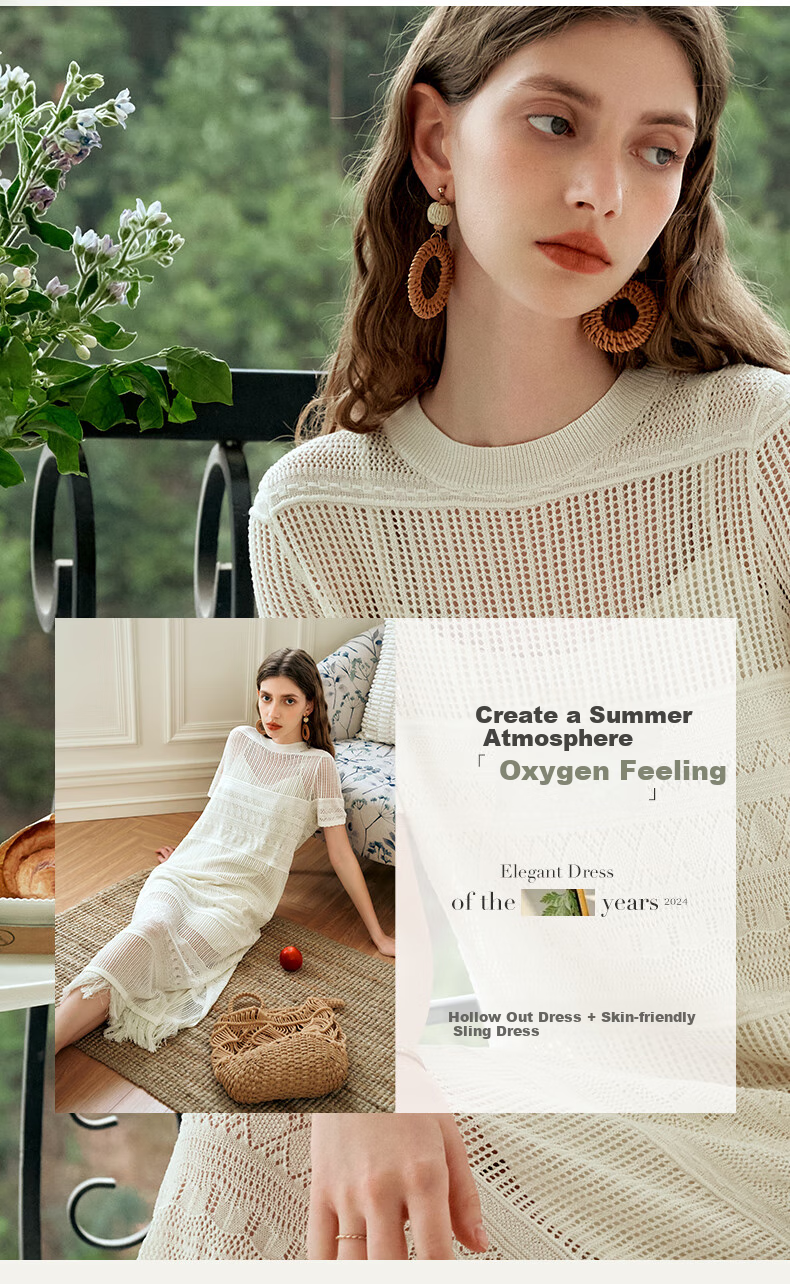 Olrain Hollow Out Dress Women Summer Vacation Style Spaghetti Strap Two-Piece Knitted Long Dress Coconut Milk White S 3