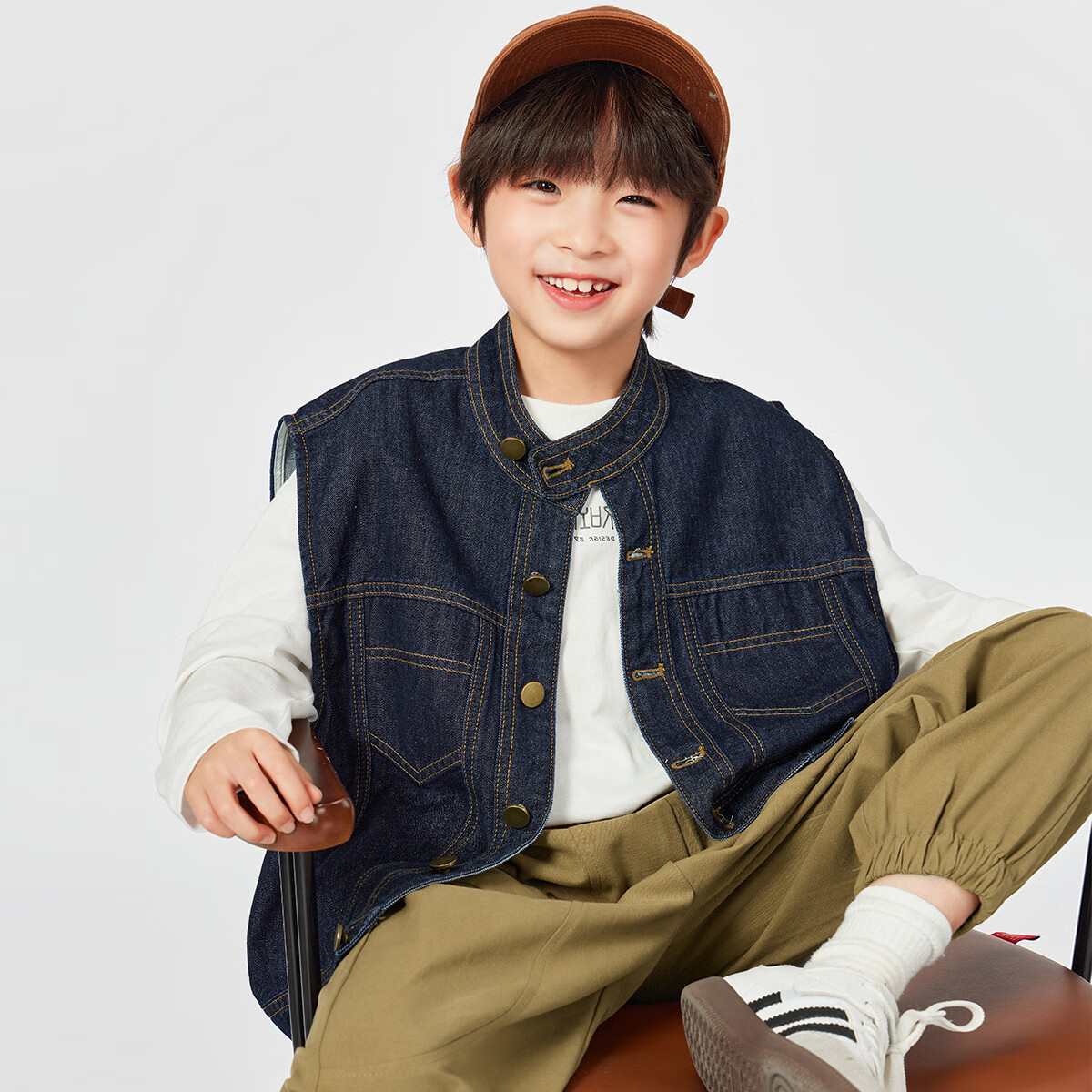 Duoduojia [Loose Wide Fit] Boys' Stylish Denim Vest, Spring And Autumn 2026 Style, for Older Children, Stand-Up Collar, Casual Cardigan Top