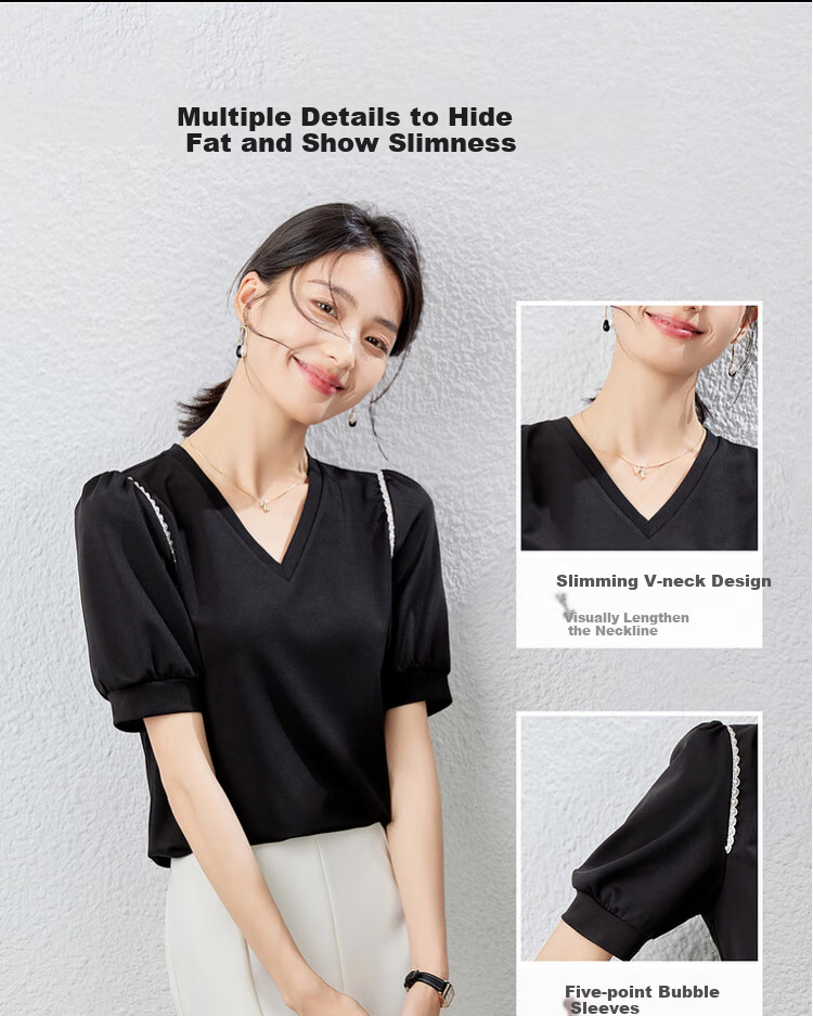 Sentubila Summer Short-Sleeve T-Shirt for Women, Romantic Lace Trim Puff Sleeves V-Neck Slimming Women's Top, Black, S 4