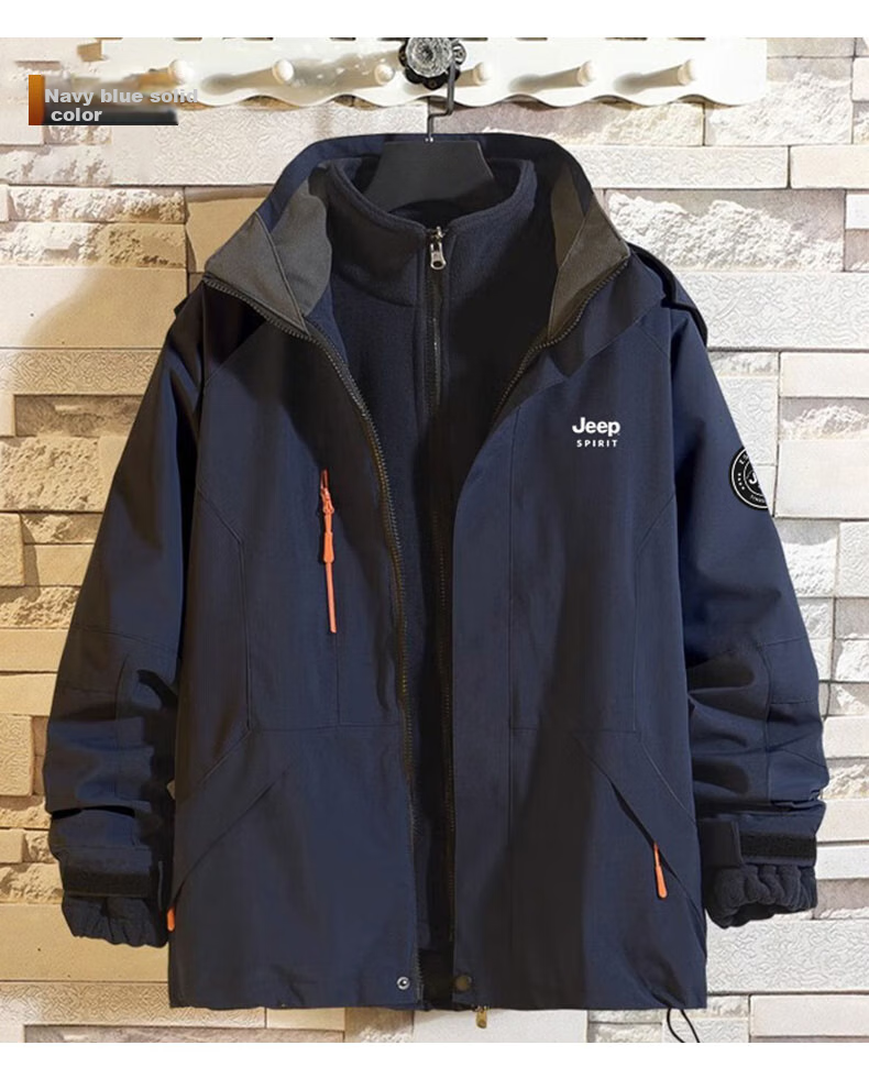 JEEP SPIRIT Men's Spring Jacket, Three-In Detachable Windproof Outerwear, Pure Black, Size M 10