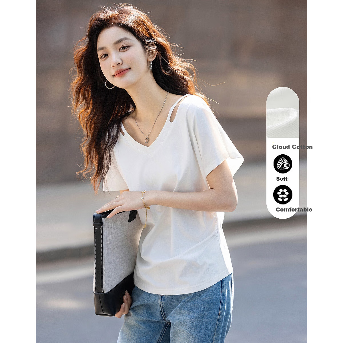 Dme [180G Suoluna] Summer Sexy V-Neck Off-Shoulder Short-Sleeve Camisole Loose Women's T-Shirt with Hollow Desig