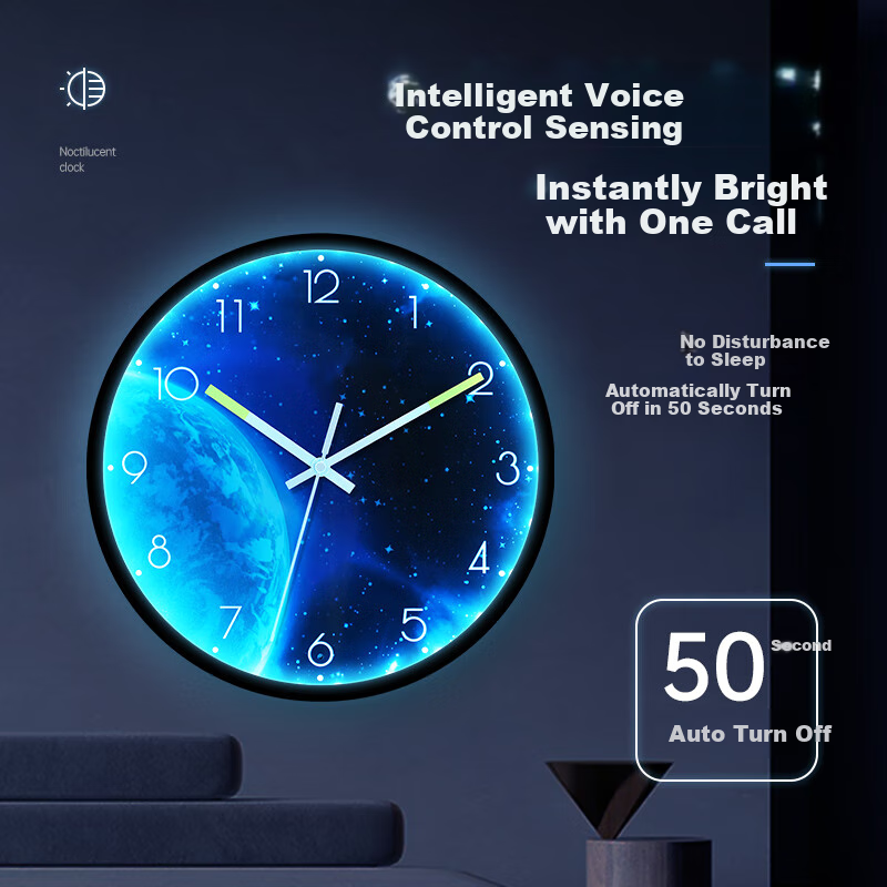 BBA Wall Clock, Creative Night Light, Living Room Wall-Mounted, Home Use Luminous Wall Clock, Bedroom Timepiece, Moon - Ambient Light, 30cm