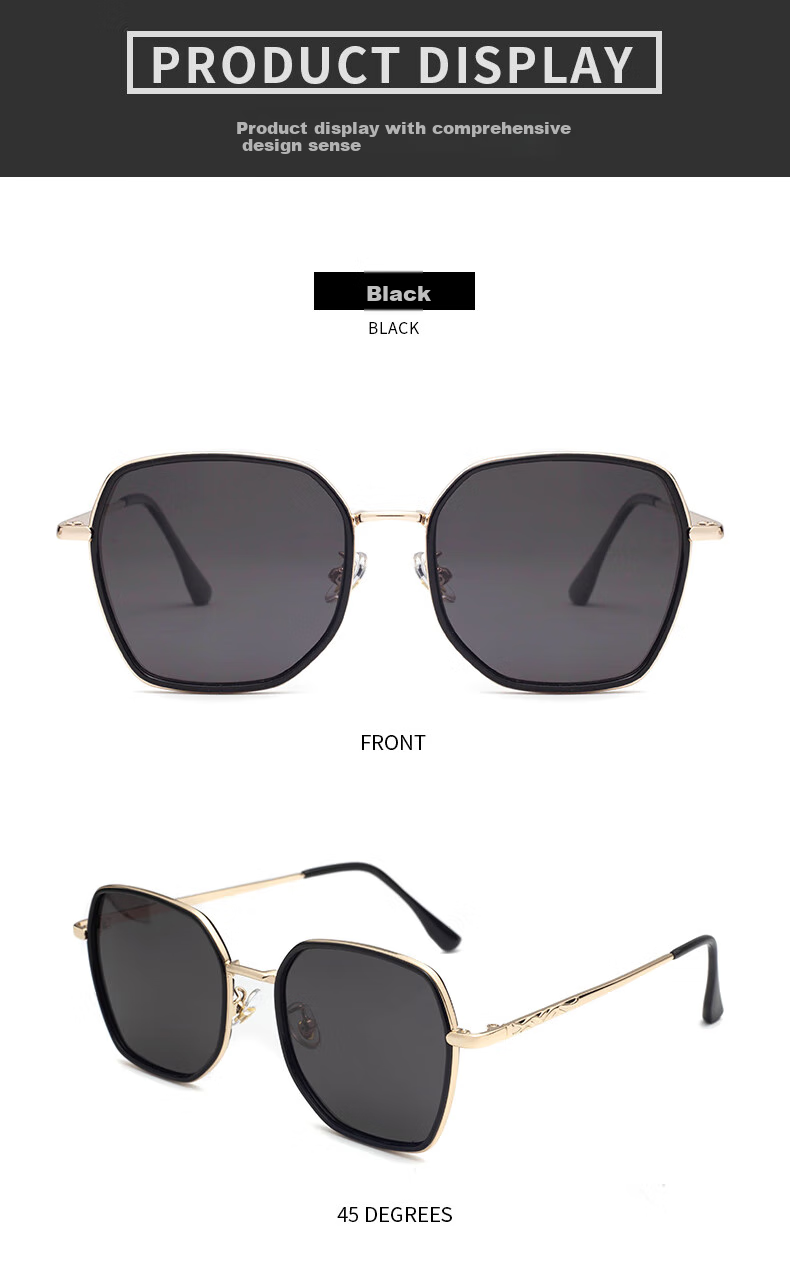 AMORAYS Women's New Korean-Style Fashion Polarized Sunglasses, Face-Shaping, Suitable for Square And Round Faces, Making Face Look Smaller, Black And Gold Color 8