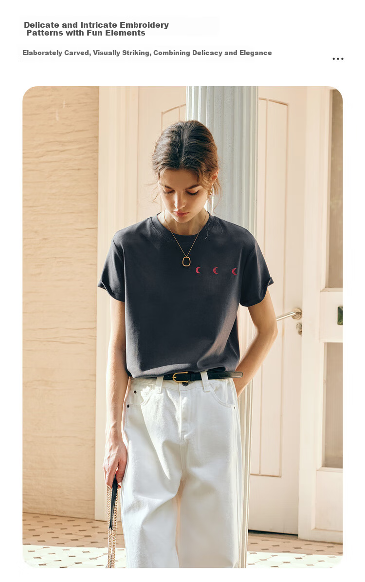 Olrain Gray Short-Sleeve T-Shirt for Women, Elegant Office Wear with Fun Embroidery Design, Gray, Size L 6
