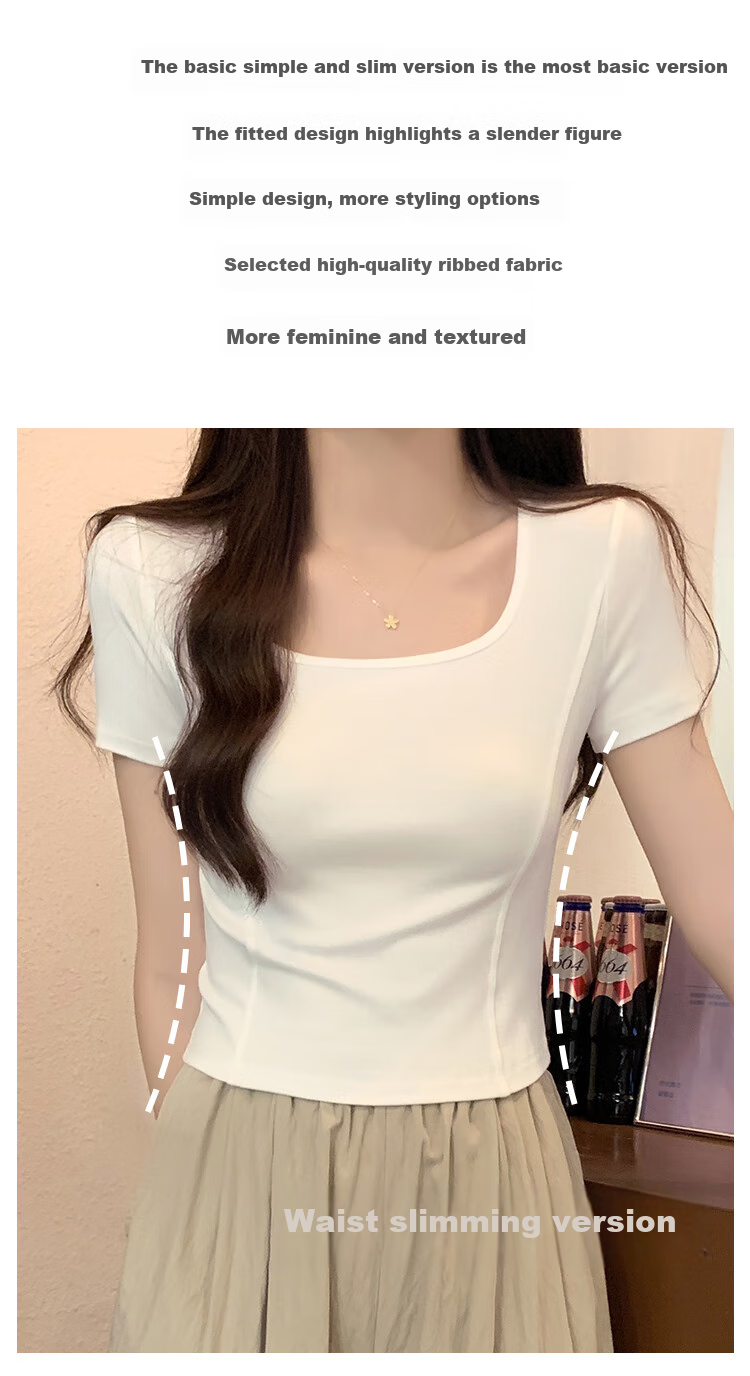 TUCANO Short-Sleeve T-Shirt for Women, Square Neck, Summer 2025, Crop Top Design, Niche Style, Regular Shoulder, Hot Girl Half Sleeve, White, 2XL 2