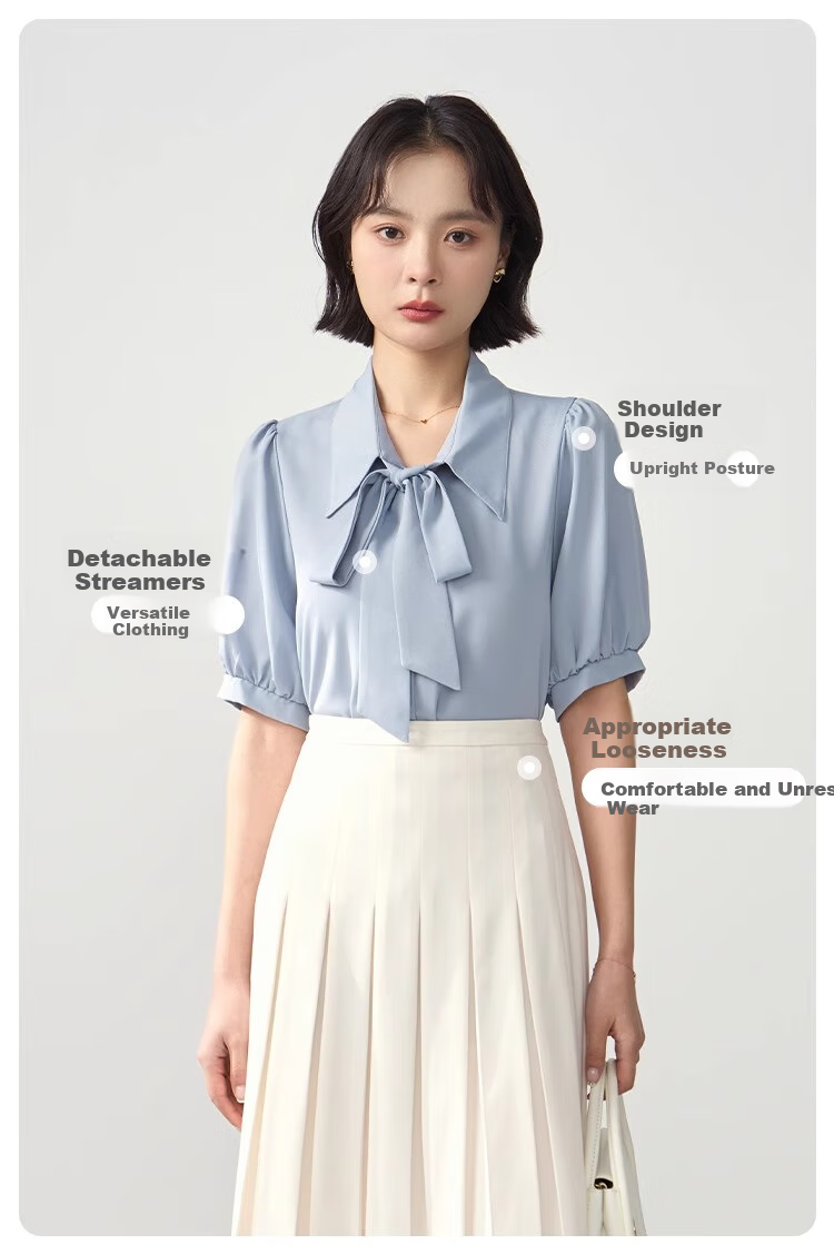 Bodexiaojie Blue Short-Sleeve Shirt for Women, Urban Daily Commute Outfit, Petite Chiffon Blouse, Interview Professional Shirt, Size M 4