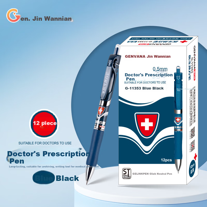Genvana [Doctor's Prescription] 0.5mm Blue-Black Retractable Gel Pen with ST Conical Tip, Soft Rubber, Push-Button Signing Pen, Ink Pen, 12 Pcs G-11353