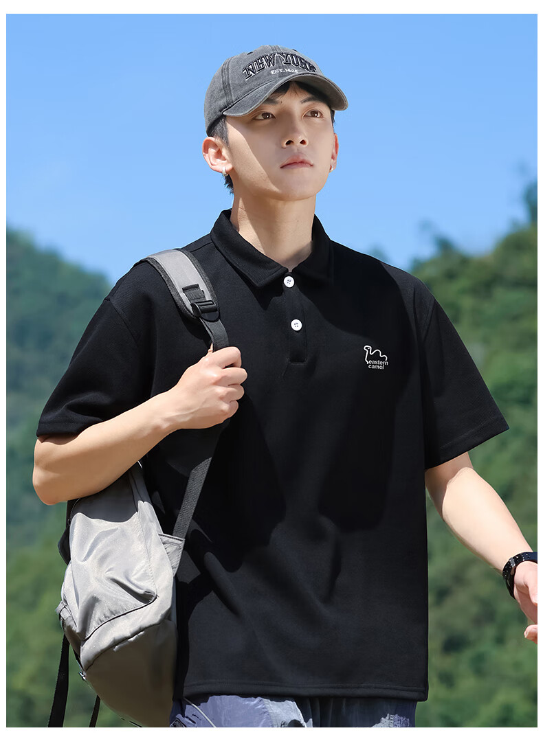 EASTERN CAMEL Short-Sleeve Polo Shirt for Men, Summer Heavyweight Breathable Solid Color Sports Collared Outdoor T-Shirt Top, Black, XL 10