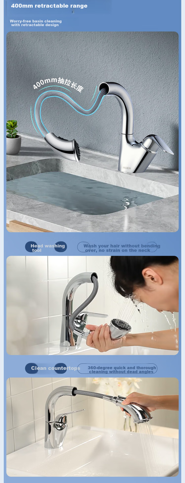 MOEN Washbasin Faucet, Bathroom Sink Pull-Out Hot And Cold 59 Copper Multifunctional Faucet 91035 4