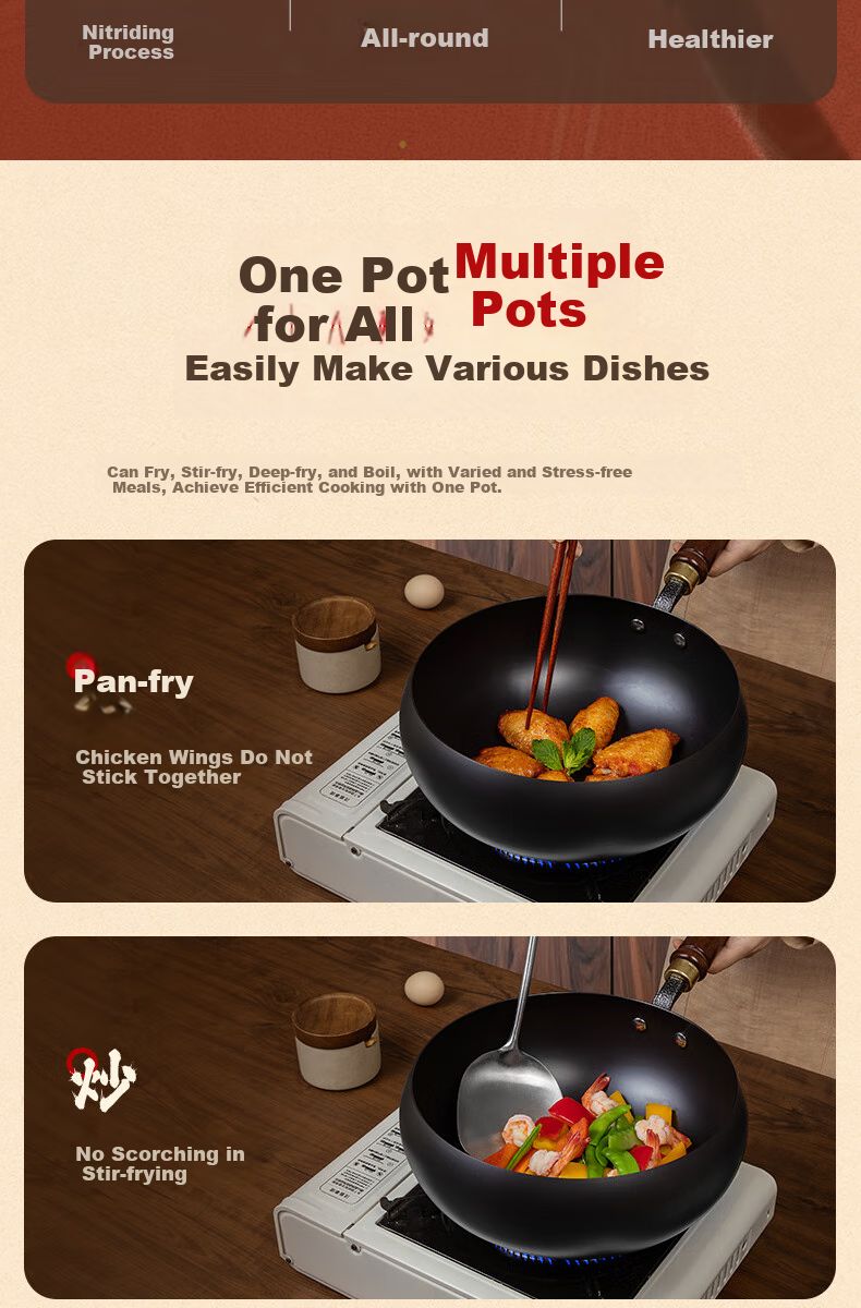 KOBACH Cast Iron Wok without Coating for Home Cooking, Suitable for Induction And Gas Stoves, 24cm 7