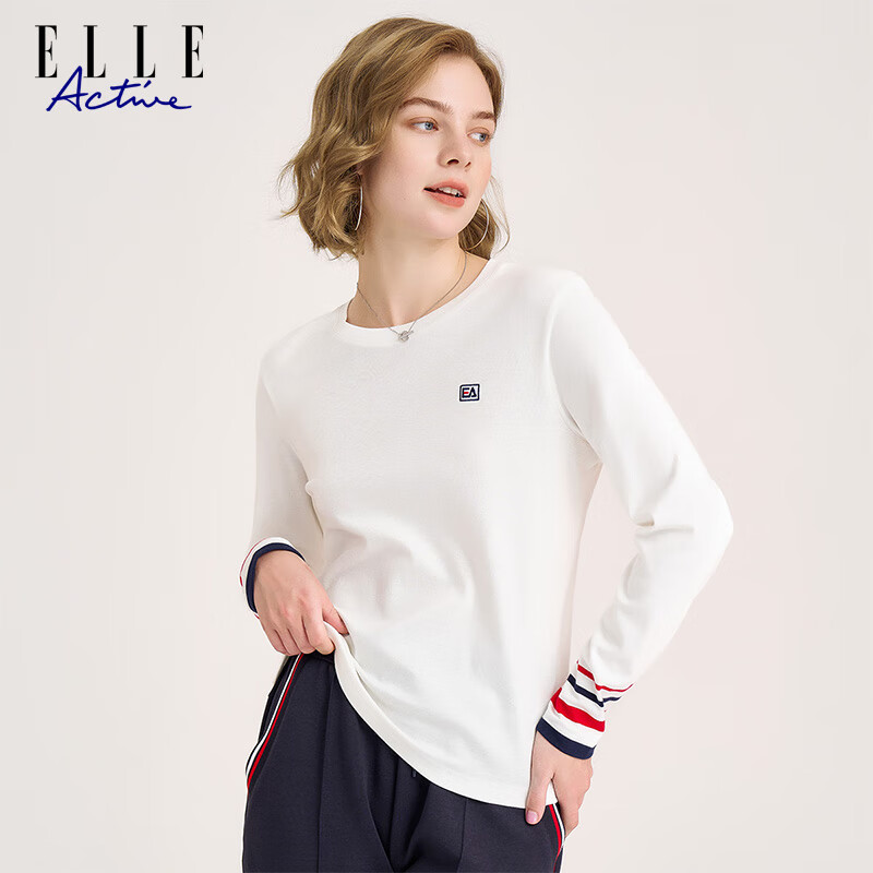 Женская футболка с длинным рукавом ELLE ACTIVE, круглый вырез, хлопок, контрастные манжеты, белый, L