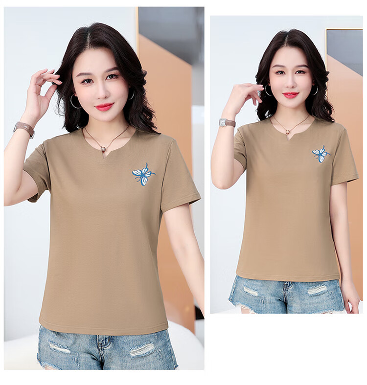 TUCANO Pure Cotton Short-Sleeve T-Shirt for Women, V-Neck Embroidery, Plus Size, Summer New Style, Middle-Aged Mom's Top, White, 4XL 2