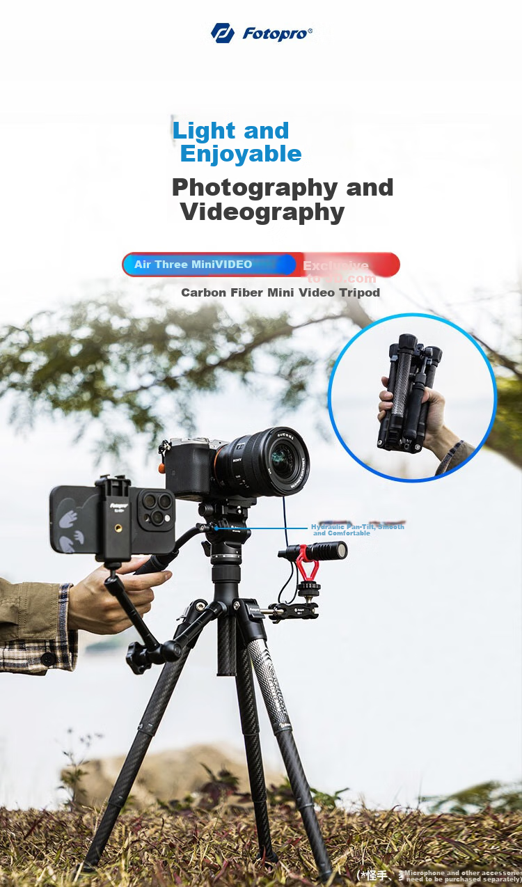 Fotopro Air Three Mini Video Phone Live Streaming Photography Carbon Fiber Video Shooting Hydraulic Tripod Camera Stand with Phone Clamp Included 1