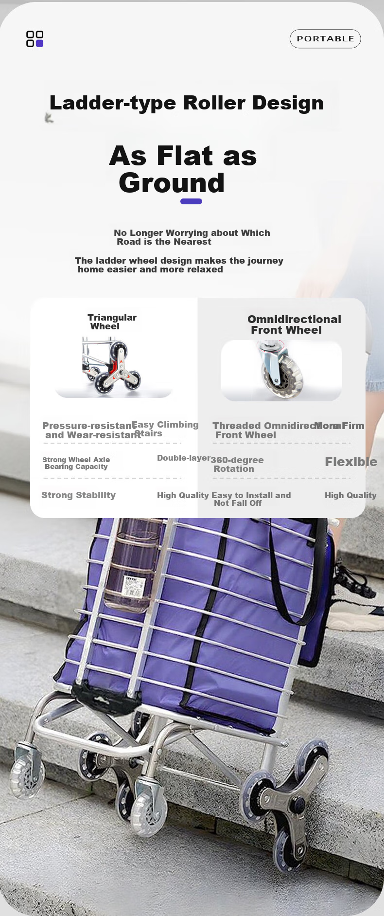 Adiya Portable Shopping Cart, Hand-Pulled Trolley, Folding Cart, Hand-Pushed And Pull Rod Cargo Cart for Grocery Shopping And Elderly Stairs Climbing, Labor-Saving 2