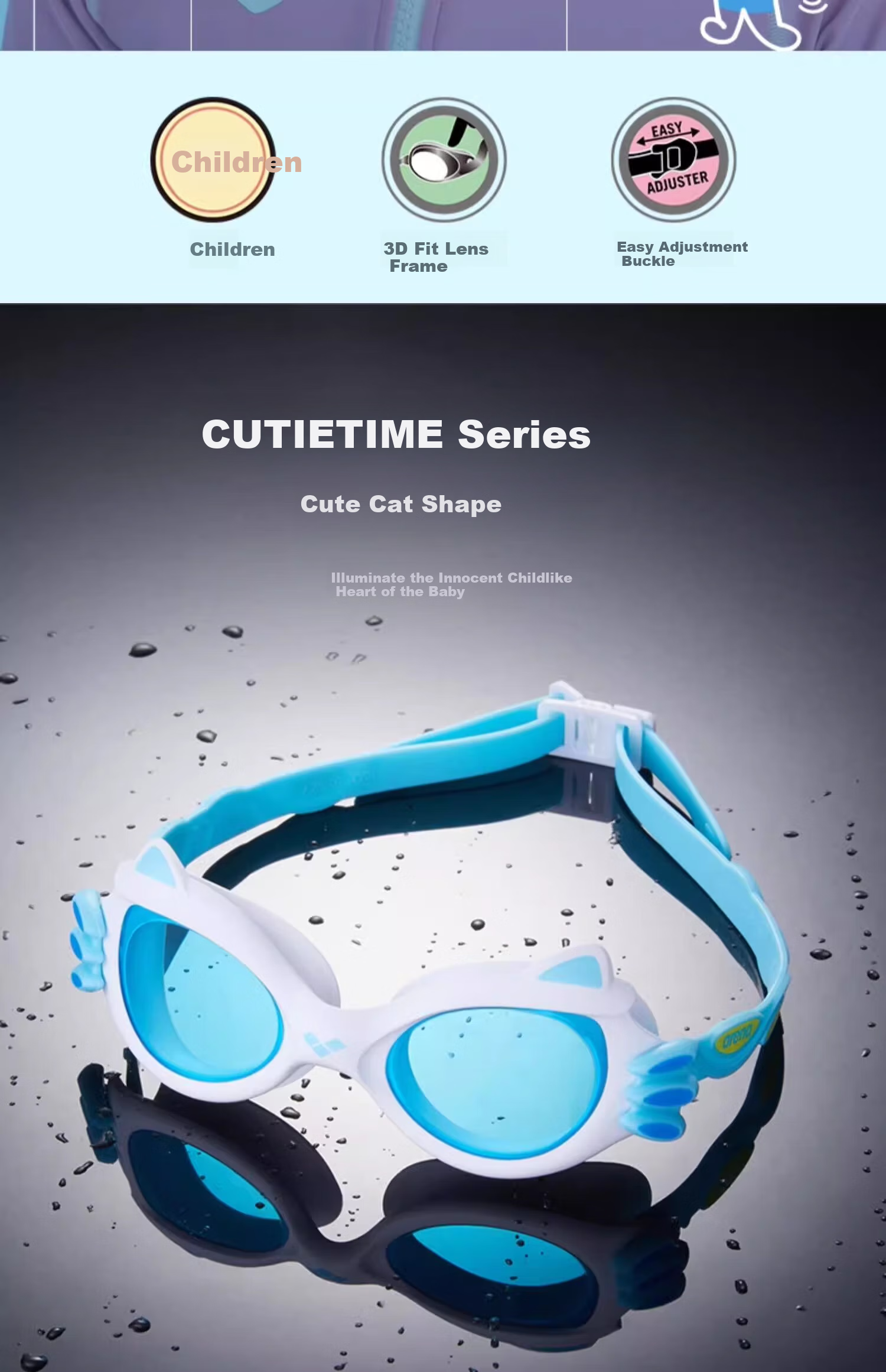 Arena Children's Swimming Goggles, Cute Cartoon Amusement Park Cat Design, High-Definition Anti-Fog Non-Coated Sports Leisure Swimming Goggles 2