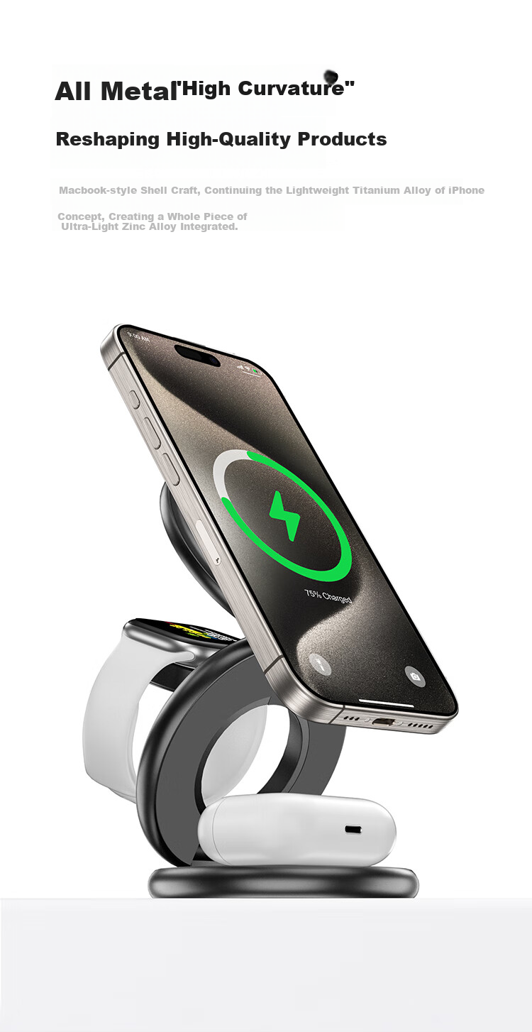 Jingshan Multifunctional MagSafe Foldable Three-In Magnetic Wireless Charging Stand for Apple IPhone Watch And Earphones, Desktop Charger, 15W Foldable Portable Fast Charging 12