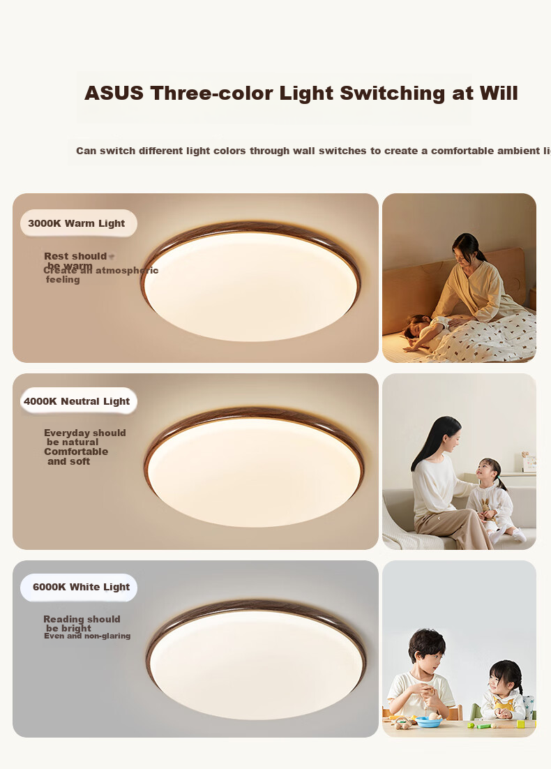 Huashuozhaoming American Walnut Wood, Vintage French Style Bedroom Ceiling Light, Modern Minimalist Round Design, Three-Color Adjustable Lighting 20