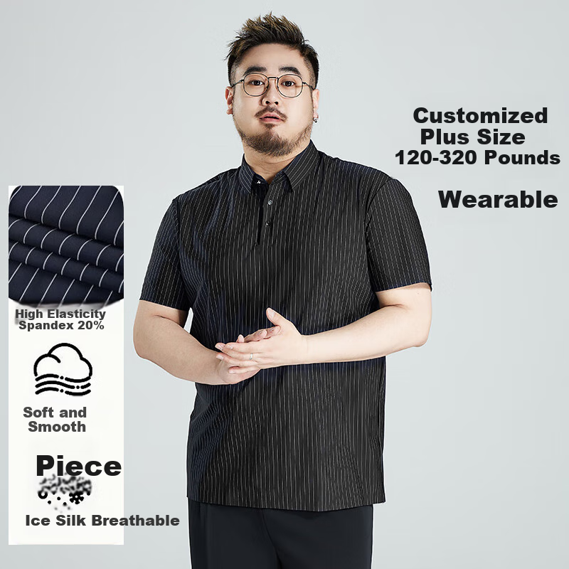 Ayoupang Summer Short-Sleeve Ice Silk Plus-Size Polo Shirt, Business Striped Loose Elastic T-Shirt for Men, Black, 5XL