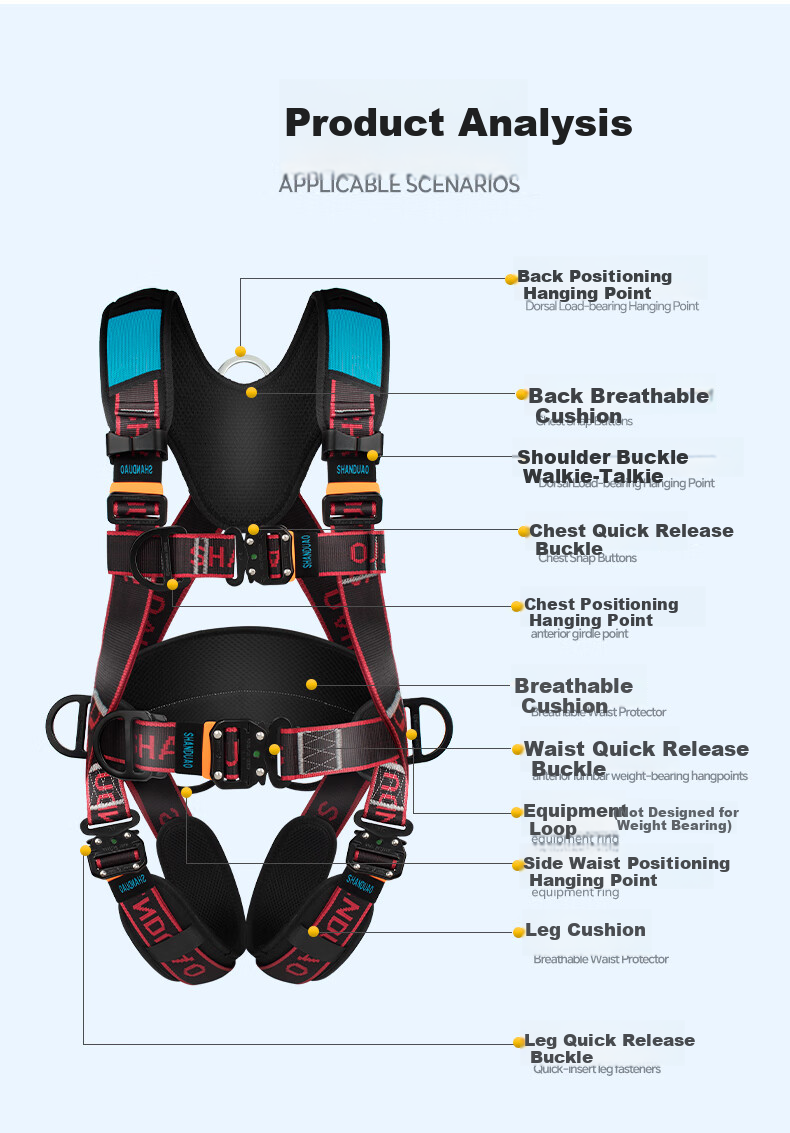 Shandouao Z-Y Fall Arrest Safety Harness, National Standard AD9088, Double Large Hooks with Cushioning Pack, 1.8 Meters 3