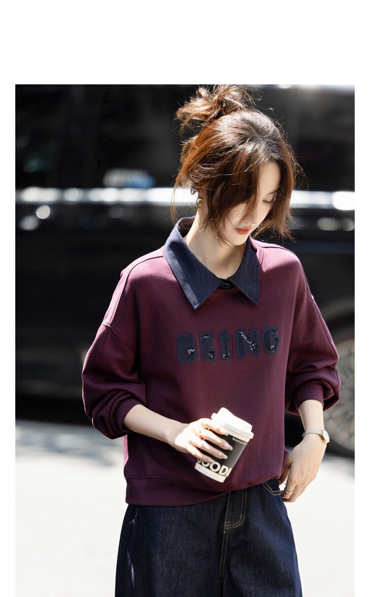 Demana [Comfort Elastic 280G Air Layer] Autumn Removable Applique Embroidered Lapel Loose Sweatshirt for Women 2