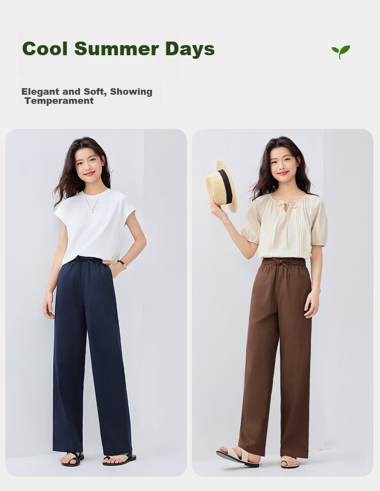 Giordano Women's Pants, Summer New Lightweight Lyocell, Drawstring Elastic Waist, Straight-Leg Casual Trousers, 13415224 9