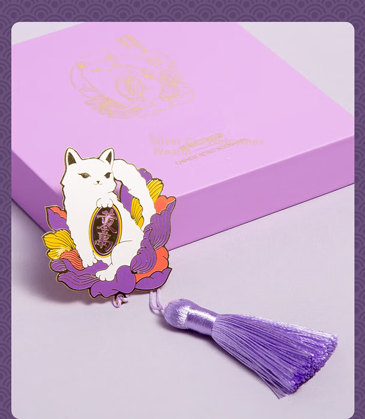 TIANSE Lucky Cat Brass Bookmark Gift Box, Chinese Style Vintage Palace Cultural And Creative Gift for Teachers, Souvenir, Birthday Present TS-5909 Silver Cat Lucky Charm 11