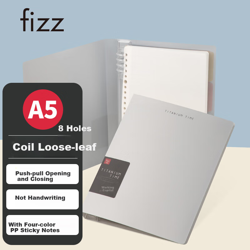 Fizz Stationery, A5/60 Sheets/detachable Spiral-Bound PP Cover, Four-Color Sticky Notes, Memo Pad, Notebook, Journal, Diary, Study Notebook, Gray And Silver FZ33729