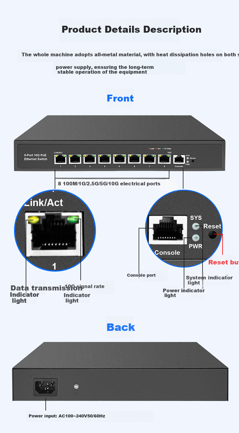 Xiliweishi 8-Port Full 10G Ethernet Switch, Layer 3 Managed, 10G High-Speed Splitter, Network Switch for Home And Enterprise Use, VLAN, LACP Dynamic Aggregation Switch SR-ST3008 8