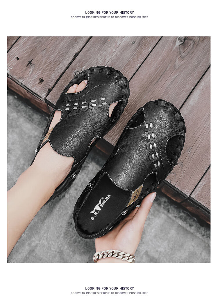 Bull Family Leather Sandals Summer Beach Shoes Men's Driving Outdoor Casual Trendy Soft Leather Soft Sole Handmade Hole Sandals 22