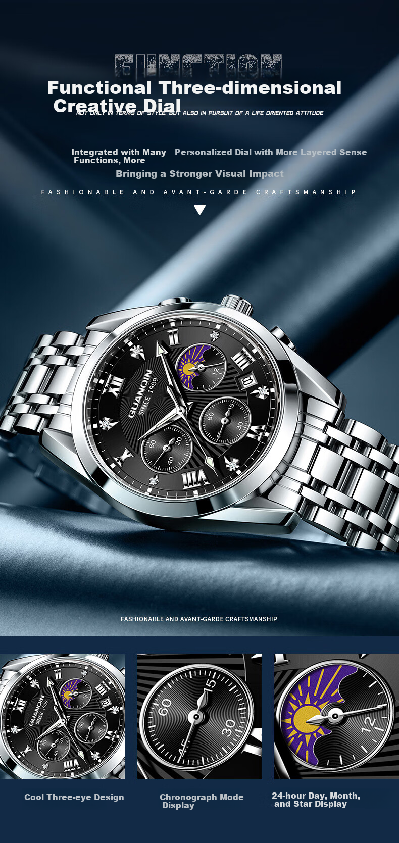 GUANQIN Men's Mechanical-Style Fashion Wristwatch, Swiss Quality Men's Watch, Waterproof Fully Automatic Multifunctional Brand National Watch 3