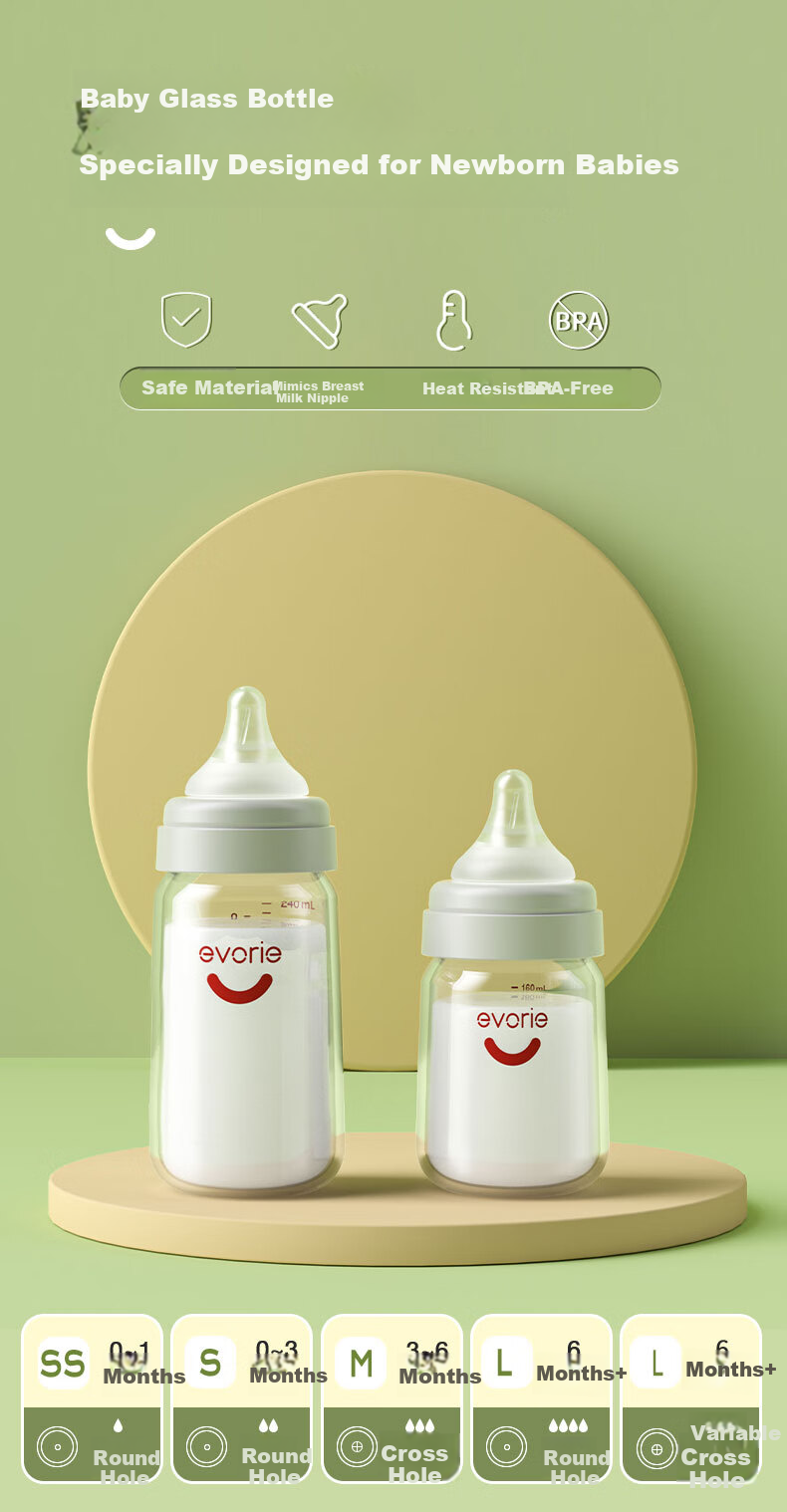 Evorie Newborn Baby Glass Bottle Set, Wide-Neck Baby Bottles (0-12 Months) 1