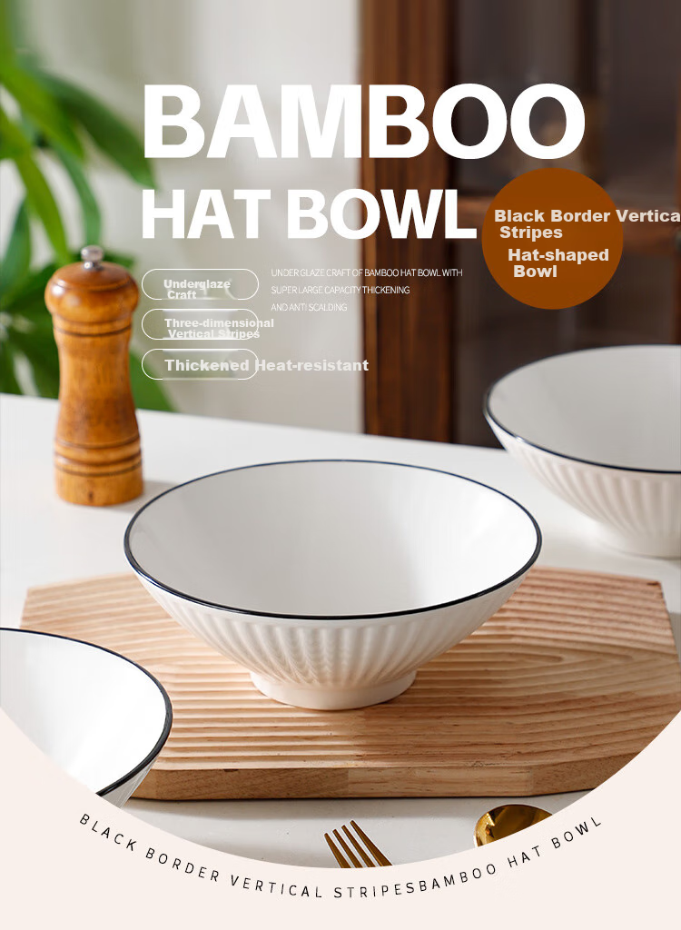 Hechuanwu Ceramic Soup Bowl, Large Size for Home Use, Noodle Bowl with Underglaze Color, 8-Inch Large Bowl, Instant Noodle Bowl, Set of 4, Vertical Black Line Patter 1