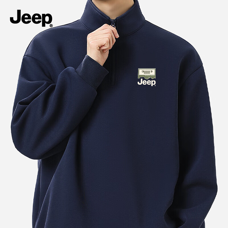 JEEP Men's Heavyweight Pullover Hoodie Spring Autumn Stand Collar Half-Zip Breathable Cotton Skin-Friendly Navy 3XL