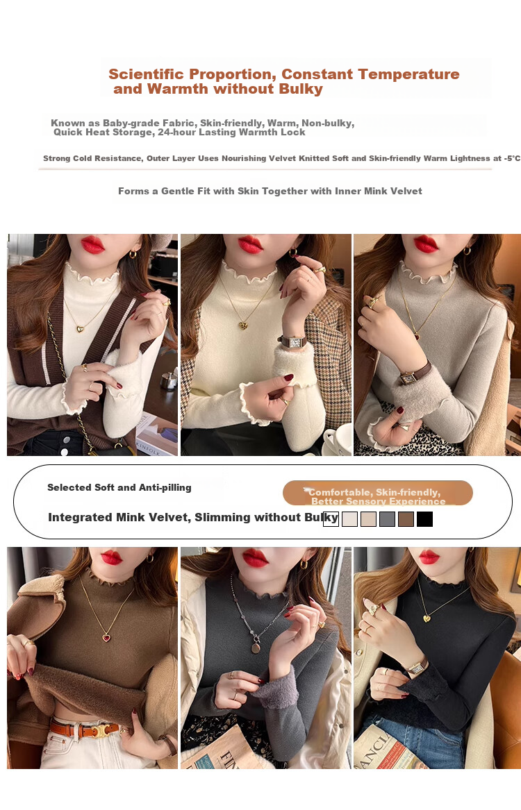 XUEXIMAN Women's Base Layer Sweater, Autumn And Winter Ruffle Trim Knit Top, Versatile High-Elasticity Slimming Pullover for Outer Wear 7